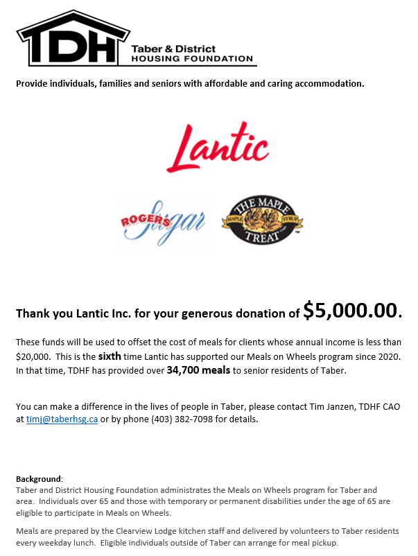 THANK YOU - Lantic Inc. - Meals on Wheels Donation